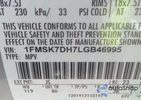 2020 Ford Explorer Xlt z USA, uszkodzony, nr VIN 1FMSK7DH7LGB46995